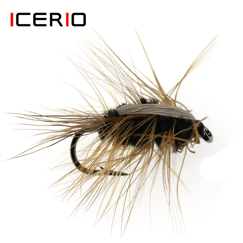 ICERIO 8PCS Black Body Woolly Worm Brown Caddis Nymph Fly Deer Hair Beetle Trout Fly Fishing fly Bait #6