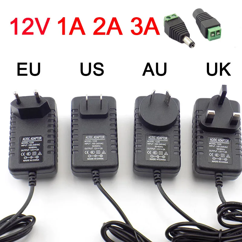 男性と女性のledストリップライトアダプタ電源、eu、英国、au、米国、プラグ5.5 × 2.5ミリメートル、ac dc、12v、1A、2A、3A、2000ma、3000MA、5.5x2.5mm