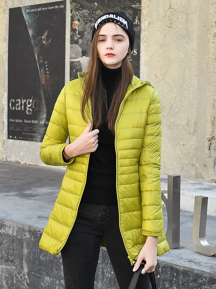 Abrigo acolchado de talla s-6XL para mujer, chaqueta de plumón de pato blanca, ultraligera, larga, ajustada, sólida, Parkas de invierno
