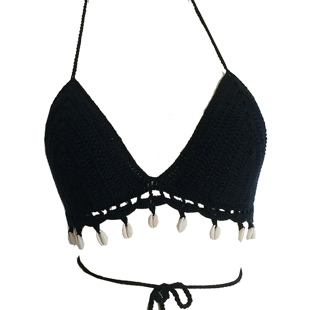 Nowy biały damski top od bikini ręcznie robiony czarny szydełkowy muszla bikini z frędzlami opalanie plaża Spa Khaki strój kąpielowy biustonosz — zdjęcie 2