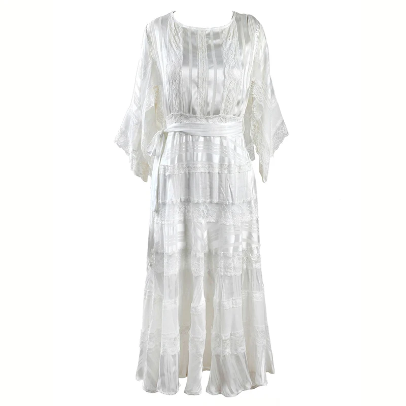 Jastie – robe mi-longue en dentelle brodée, style Boho, col rond, à volants, ourlet, ajouré, vacances, plage, fête, été