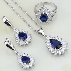 Water Drop Blue Zircon White Rhinestone 925 Sterling Silver Jewelry Sets For Women Earring/Pendant/Necklace/Ring Free Gift Box