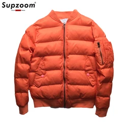 Supzoom-Parka casual grossa monocromática para homens, jaqueta com zíper, acolchoada regular, roupas populares, casaco de beisebol, jaqueta de inverno curta, nova chegada