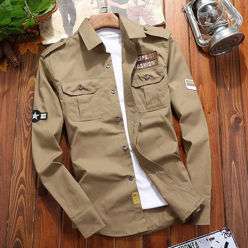 Camisas militares de algodón para hombre, camisa informal Retro de color caqui, ajustada, con bolsillo, chaqueta Vintage de manga larga, ropa de