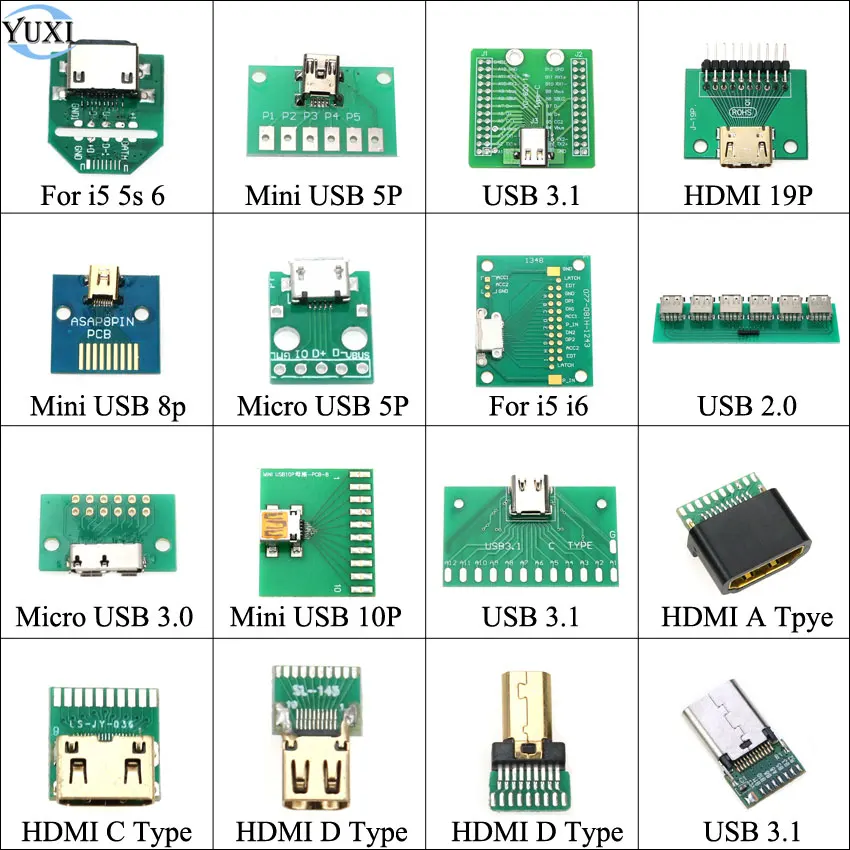 YuXi Micro Mini USB 2.0 3.0 B Female USB 3.1 Type-C Connector HDMI-compatible Interface DIP PCB Converter Adapter Breakout Board