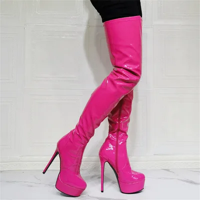 

Women Crotch High Platform Boots Shiny Patent Side Zip Stiletto Heels Thigh High Boots Cosplay Plus Size 44 46 50 52