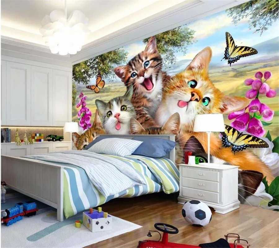 wellyu Customized large wall painter with cute cartoon grass on a group of cat selfies like children's room wall