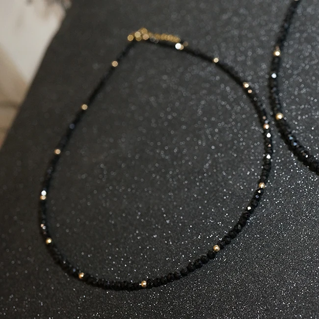Lii Ji Shining Black Spinel 2mm Faceted Beads 925 sterling silver Gold Color Fashion Necklace for Women/ Men Dropshippi
