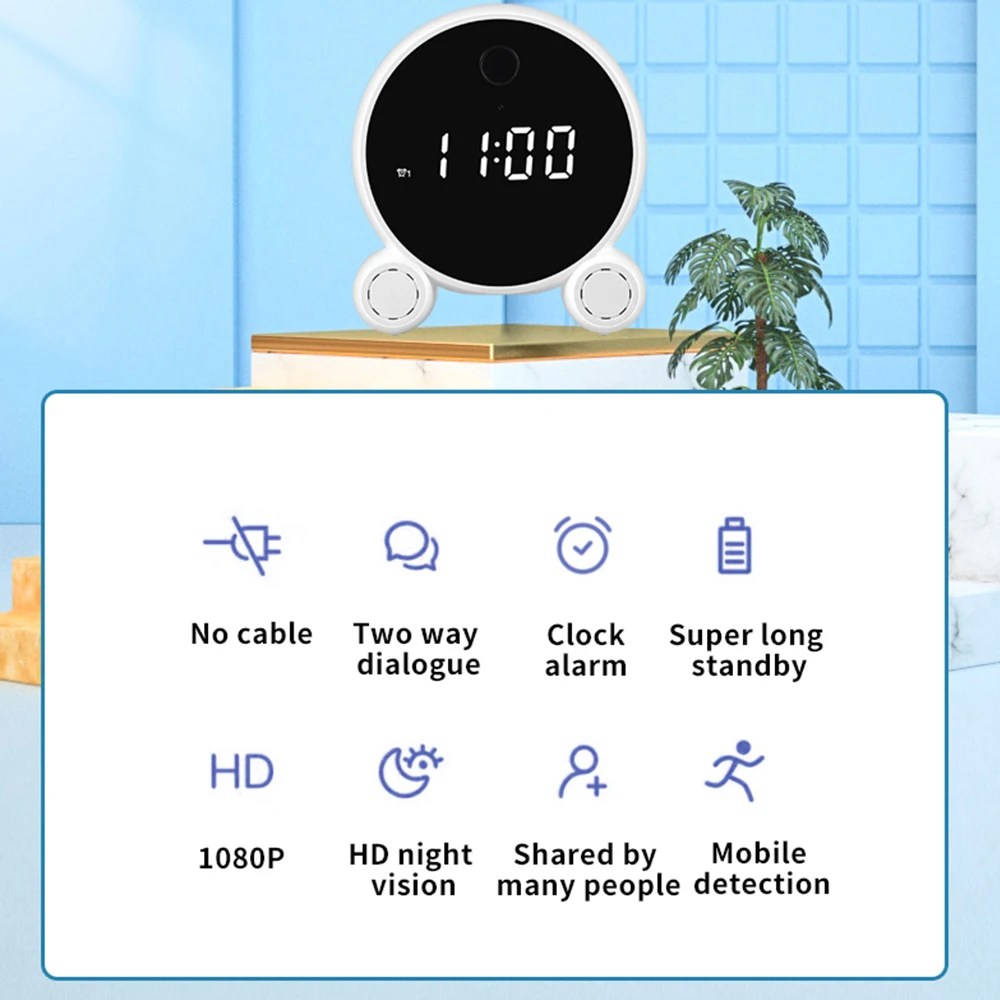 Tuya Wifi Wekker Camera Hd 1080P Nachtzicht Bewegingsdetectie Draagbare Home Security Surveillance Wifi Klok Ip Camera