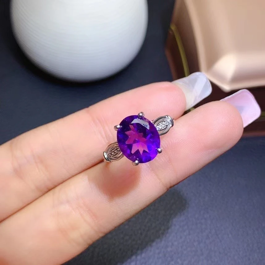 KJJEAXCMY fine jewelry 925 sterling silver inlaid Amethyst Women's vintage elegant oval big gem adjustable ring support check