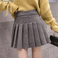 Casual Streetwear Pleated Skirt Women Winter Wool Short Skirts A-line Mini Jupe Femme Gray Black Saia Kawaii School Skater Skirt