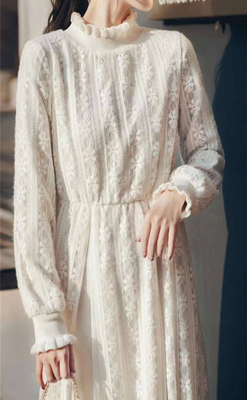 LMQ NEW Women White Hollow Lace Crochet Long Sleeve Lotus Leaf Half High Collar Plus Cashmere Dress Party Elegant Clothing