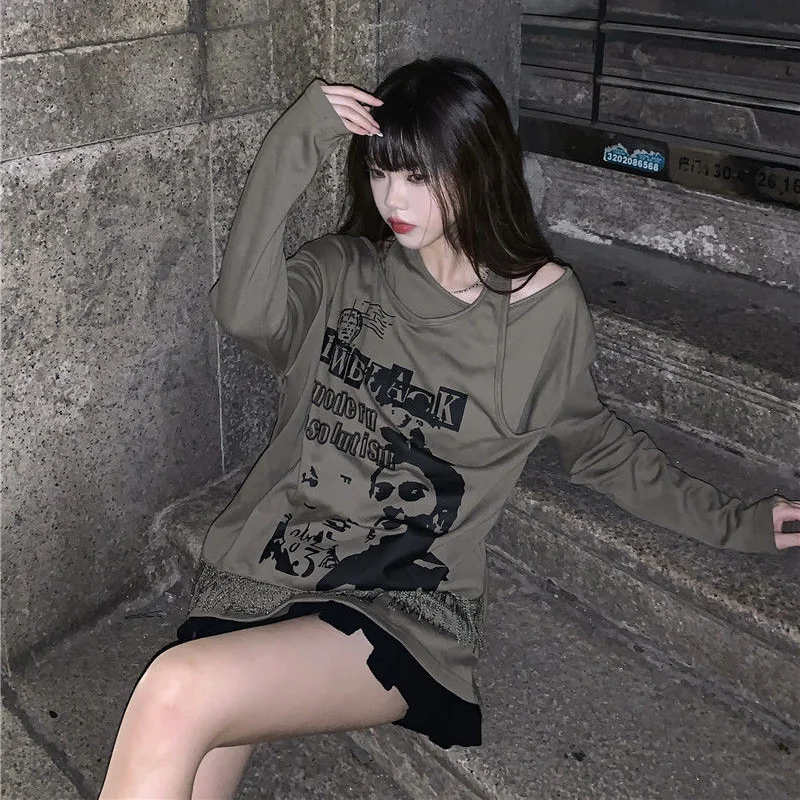 KOSAHIKI Women Letter Print Halter Top Sweatshirts Korean Y2k Fashion Pullover Long Sleeve Spring Autumn Casual Loose Hoodie