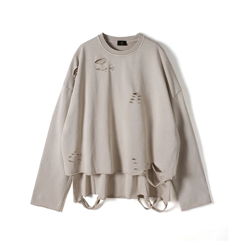 Vintage Aging Breaking Cutting Sweatshirt Streetwear Loose Pullover Hole Fashion Oversize Sweatshirts Autumn Tops Cotton HH544