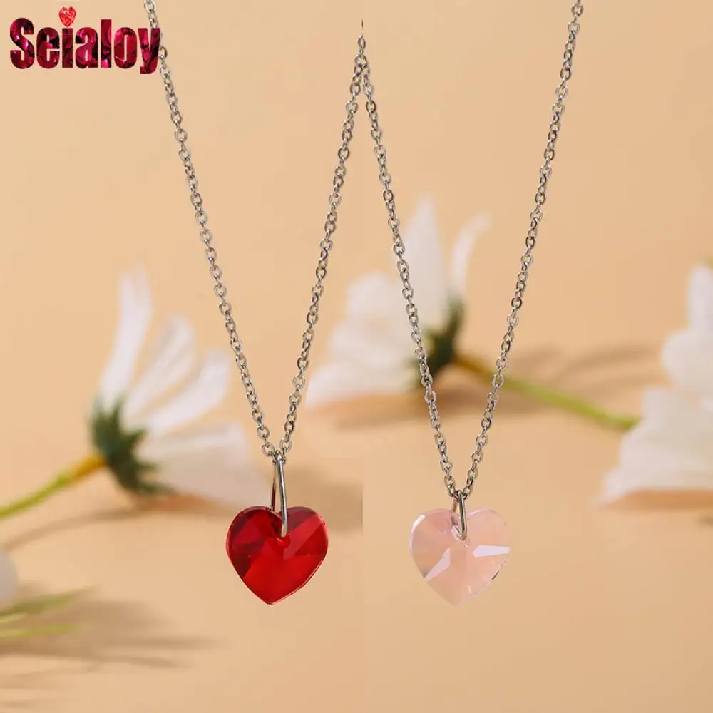 Seialoy Red & Pink Crystal Heart Pendant Necklace For Women Girls Necklace Jewelry Girlfriend Wife Birthday Gift