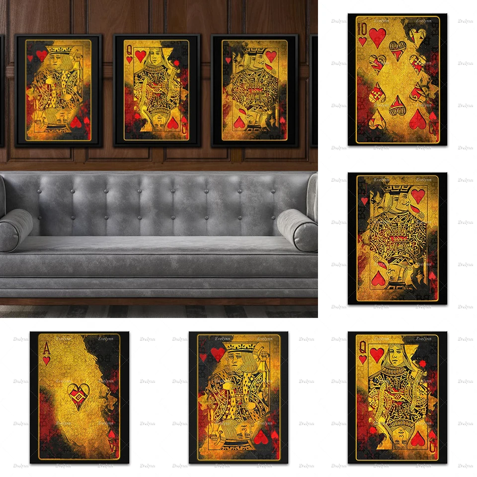 Royal Flush Hearts Poker Card Art Set|Poker Room Casino Wall Art Print On Canvas |Cryptocurrency Gambler Art Poster Office Decor