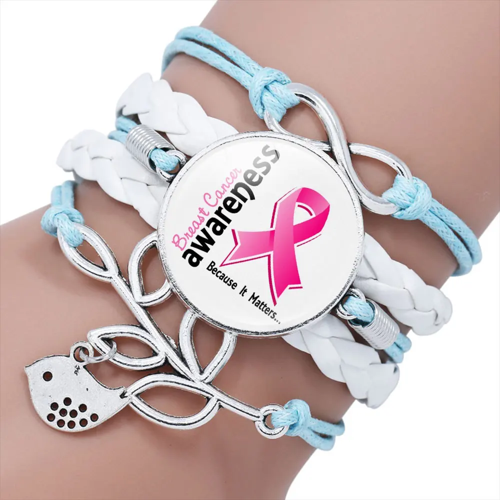 New Pink Ribbon Glass Cabochon Charm Leather Bracelets Faith Hope Cure Inspirational Bangle Breast Cancer Awareness Jewelry