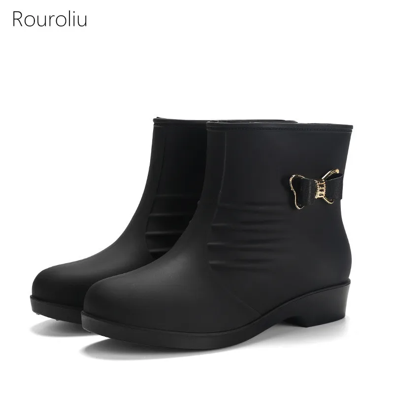 2021 Autumn Slip-On Ankle Rain Boots Women Waterproof Work Water Shoes Adult Winter Flat Platform Warm Rainboots