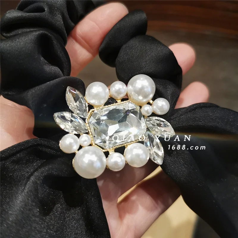 Rhinestone Rabbit Ear Hair Ties Hair Bands 2021 Elegant Top-grade Luxury Crystal Pearl Big Bow Silk Elastic Hair Bands Wholesale