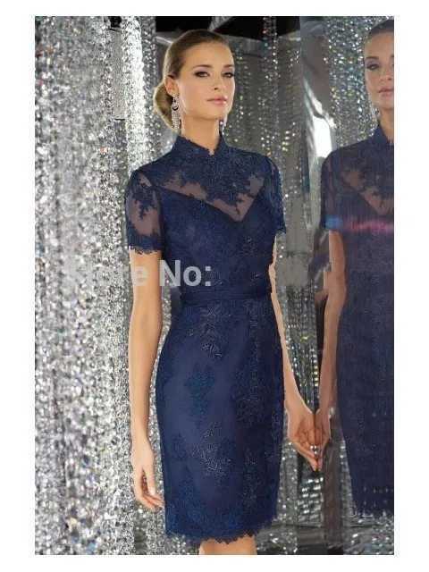 Vestido De Festa 2018 Sexy przepuszczalność moda na studniówkę z krótkim rękawem ciemnoniebieski Appliqued Lace wieczór sukienki dla matki panny młodej