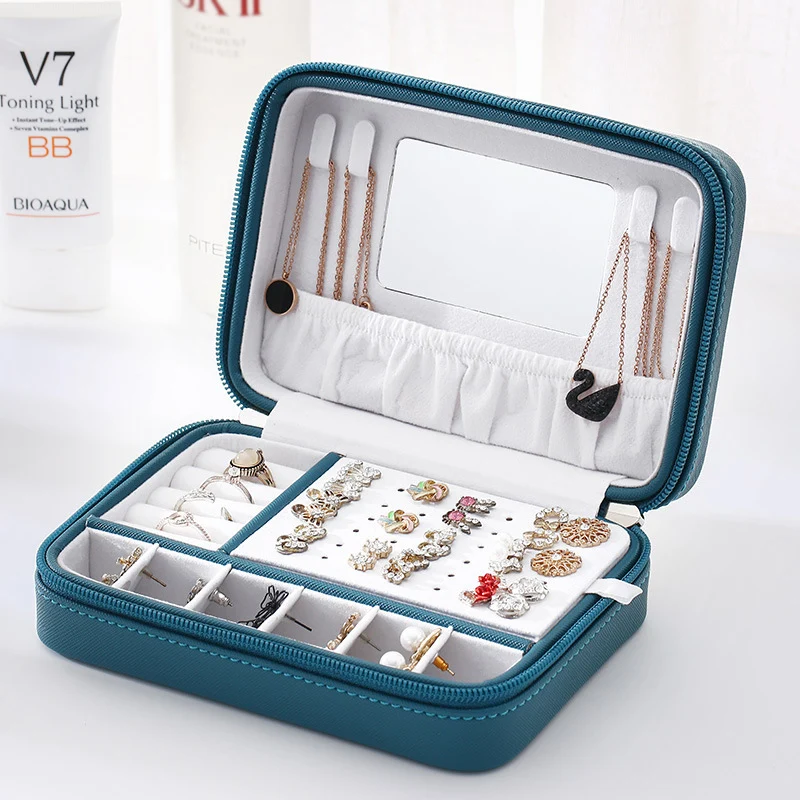 Leather Zipper Jewelry Box Portable Travel Jewelry Organizer Multifunction Necklace Earring Ring Storage Box Display Case