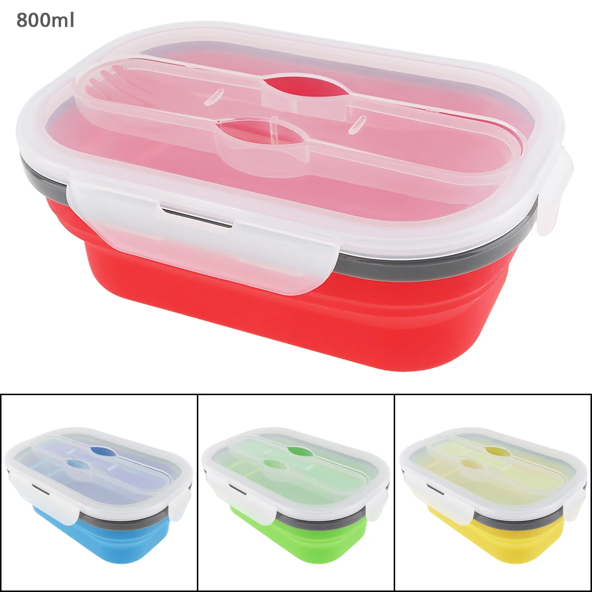 

4 Colors Silicone 800ML Scalable Folding Lunchbox Bento Box with Thickening Card Buckle and Three Purpose Tableware