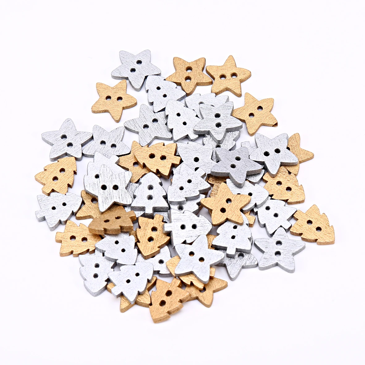 100pcs 14mm Wood Silver Gold Star Christmas Tree Buttons Embellishments Cardmaking Scrapbooking DIY Xmas Craft Sewing Decoration