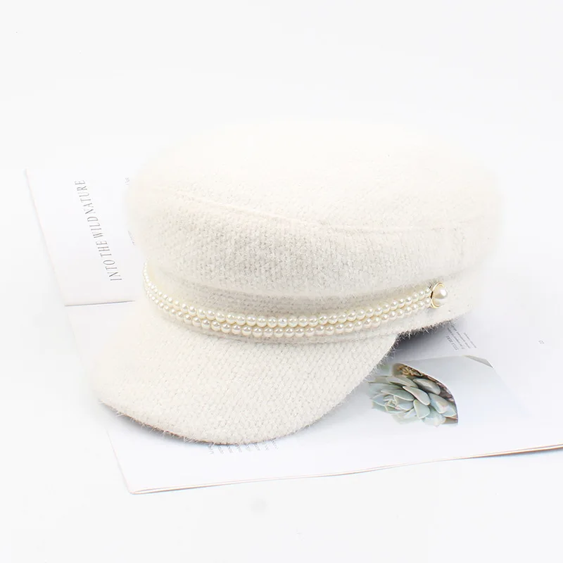 USPOP New winter caps women newsboy caps female pearl mink hair military caps vintage flat top thick warm hats