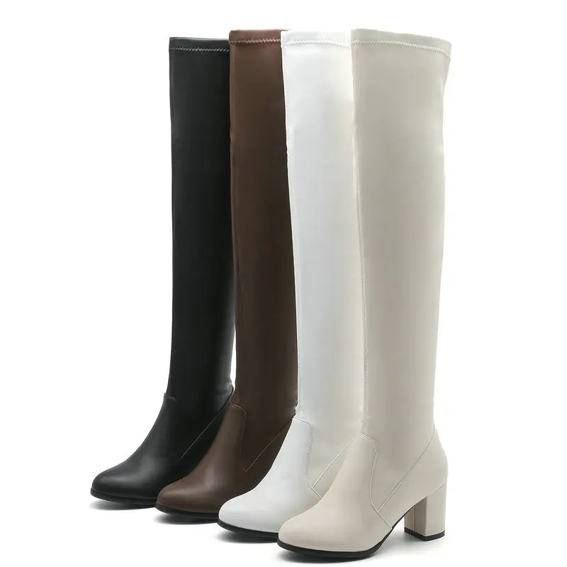 2021 Women Over the Knee Boots PU Leather Ladies Stretch Boots Round Toe Square High Heel Women Thigh Boots Black Brown White