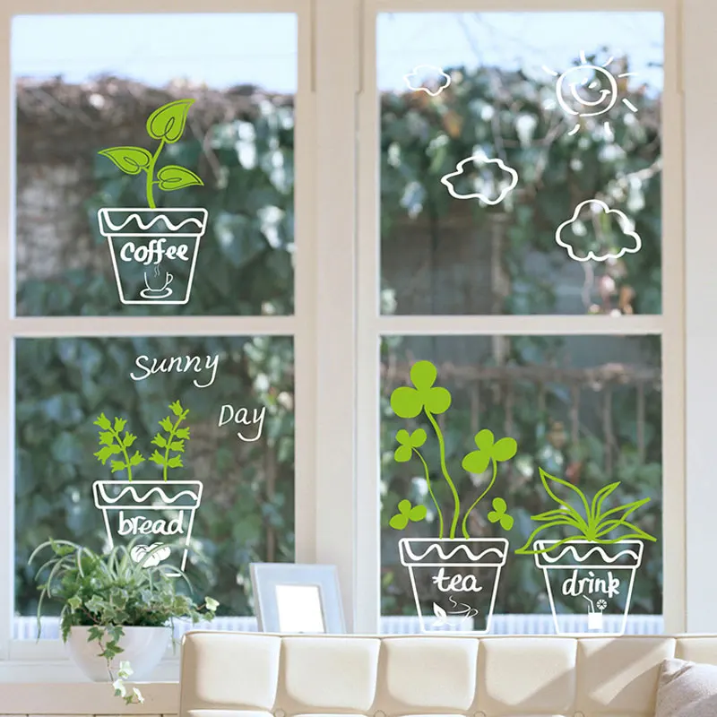 Potted Leaves Glass Window Wall Sticker Living Room Showcase Background Home Decorations Wallpaper Mural Combination Stickers