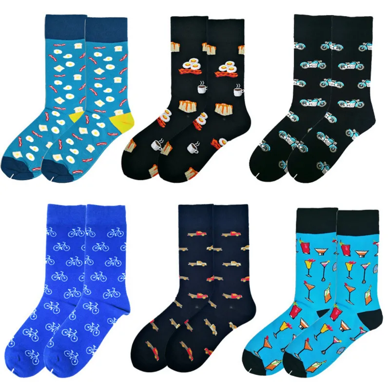 

High Quality Combed Cotton Socks Bicycle Omelet Pattern Long Tube Funny Happy Men Socks Novelty Skateboard Crew Casual Socks