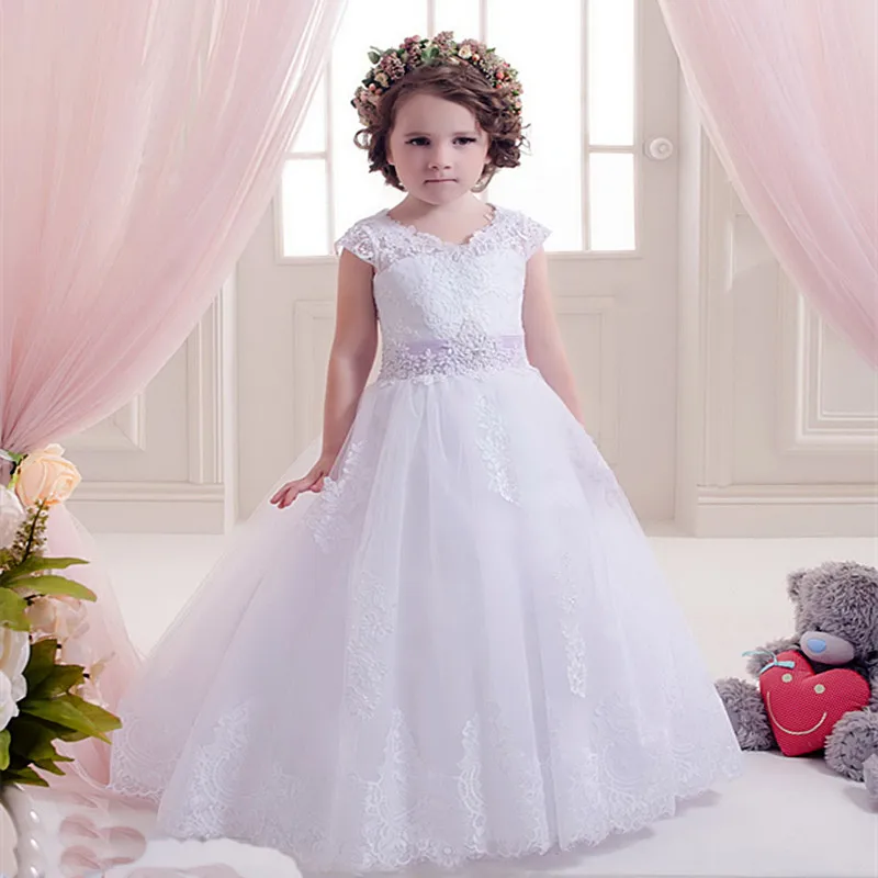 

Newest pageant dresses first communion dresses for girls White Satin Lace Empire Flower Girl for weddings girls