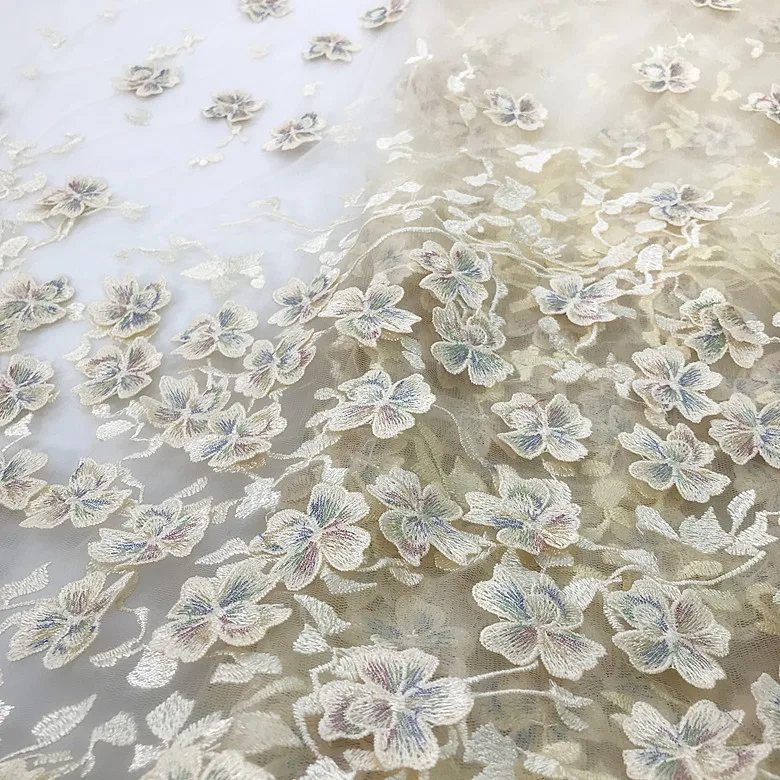 Light blue pink 3D lace embroidery flower fabric senior wedding live shooting background clothing dress fabric