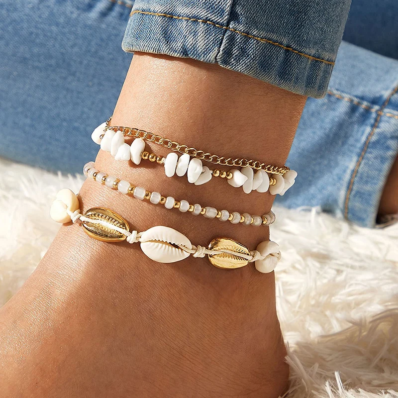 Tocona Colorful Beaded Anklets for Women Summer Shell Nutural Stone Barefoot Sandals Rope Foot Chain Bohemian Jewelry 9426