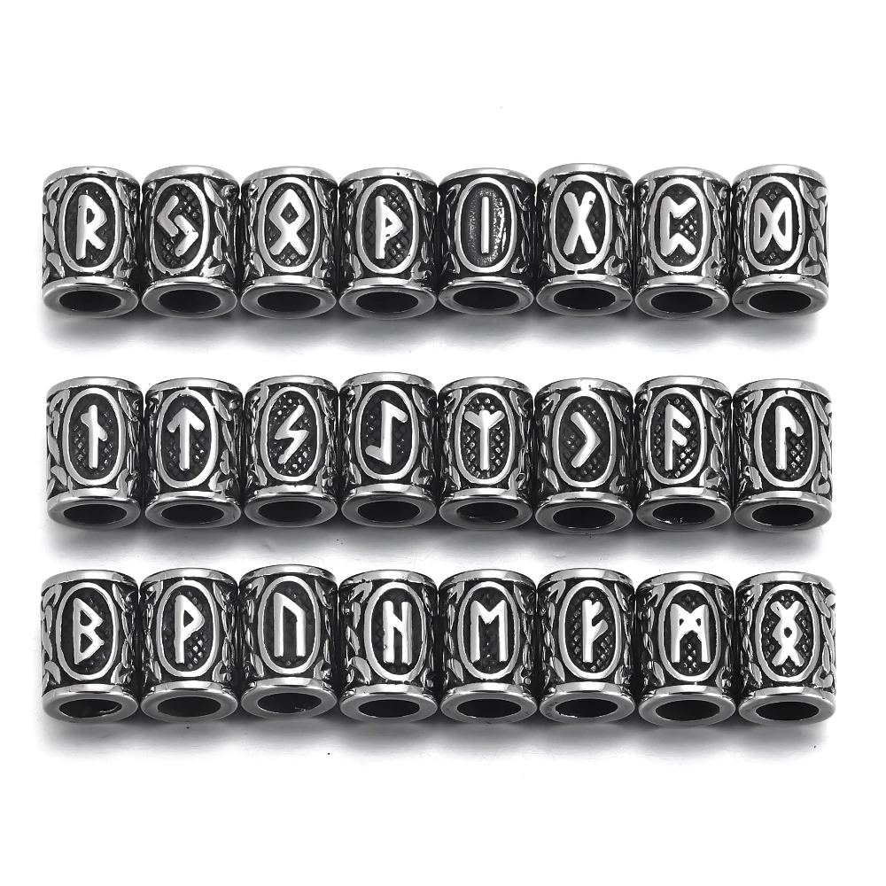 Stainless Steel Viking Rune Bead 8mm Large Hole Futhark Hair Beards Beads Bracelet Charm for DIY Jewelry Making Accessories