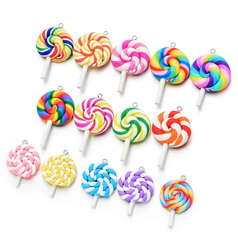 10 sztuk/paczka wielokolorowa miękka glina symulacja Lollipop Charms wisiorek dla kobiet dziewczyn naszyjnik DIY kolczyki biżuteria akcesoria