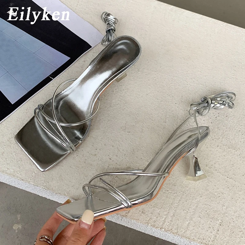 Eilyken Fashion Gold Silver Sandals Thin Low Heel Lace Up Rome Summer Gladiator Women Casual Narrow Band Shoes