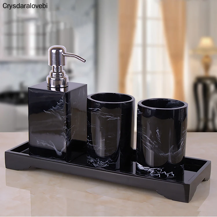 Black Marble Pattern Tray Resin Bathroom Set Toothbrush Holder Soap Dispenser Soap Dish Men's Bathroom Accessories Set Home Deco