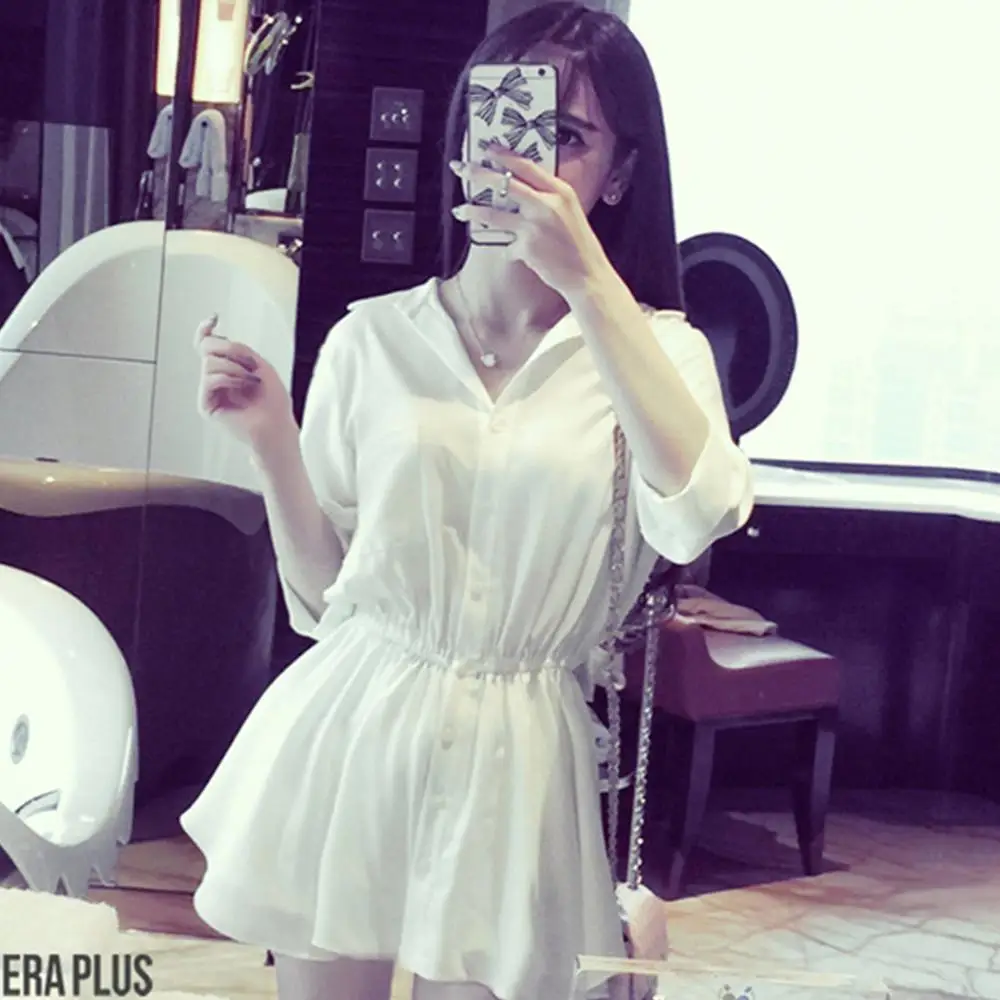 Women White V-neck Dress High Waist Chiffon Skirt Long Sleeve Mini Skirt