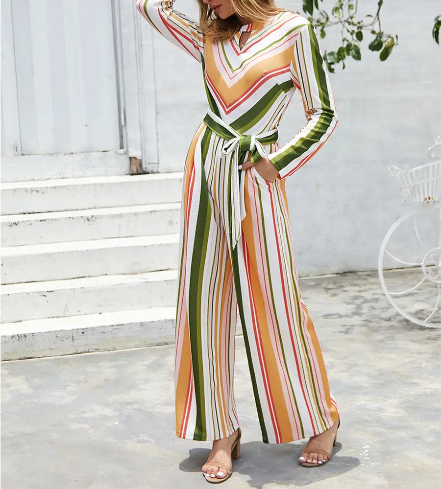 Pdfmily Musim Gugur Musim Dingin Wanita Bergaris Kasual Jumpsuit Warna-warni Hollow Out Lengan Panjang Romper Wanita Frenulum Keseluruhan Jumpsuit