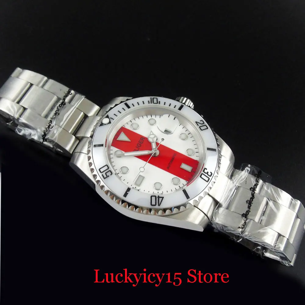 BLIGER Sapphire Glass Automatic Wristwatch Men MIYOTA Movement Date Function Mental Bracelet Deployment Clasp Red White Dial