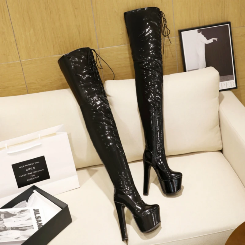 Sgesvier Fashion Over the Knee Women High Heels Platform Thigh Long Boots Lace-up Black Red Fetish Boots Dance Ladies Shoes