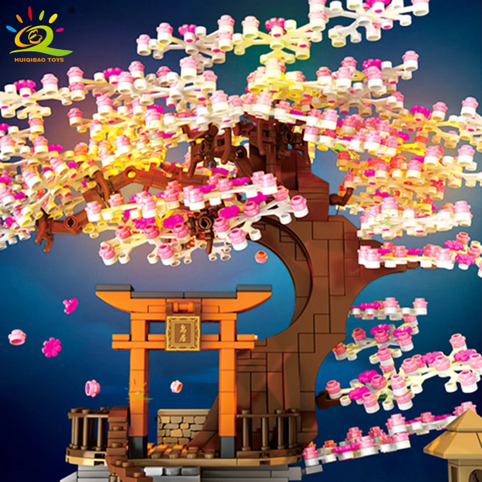 Huiqibao 1167Pcs Cherry Shrine Torii Stad Architectuur Street View Bouwstenen Sakura Boom Verlichting Bricks Cijfers Speelgoed Kid