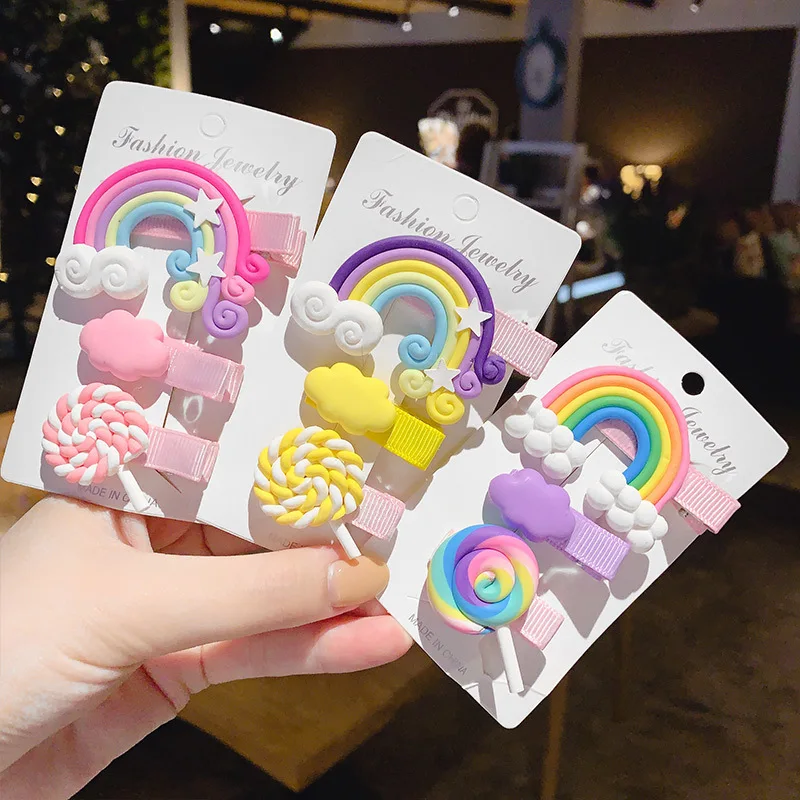 Hot 3pc/set Cute Girl Cloud Lollipop Rainbow Hairpins Cartoon Bobby Pin Hair Clips for Girls Children Headband