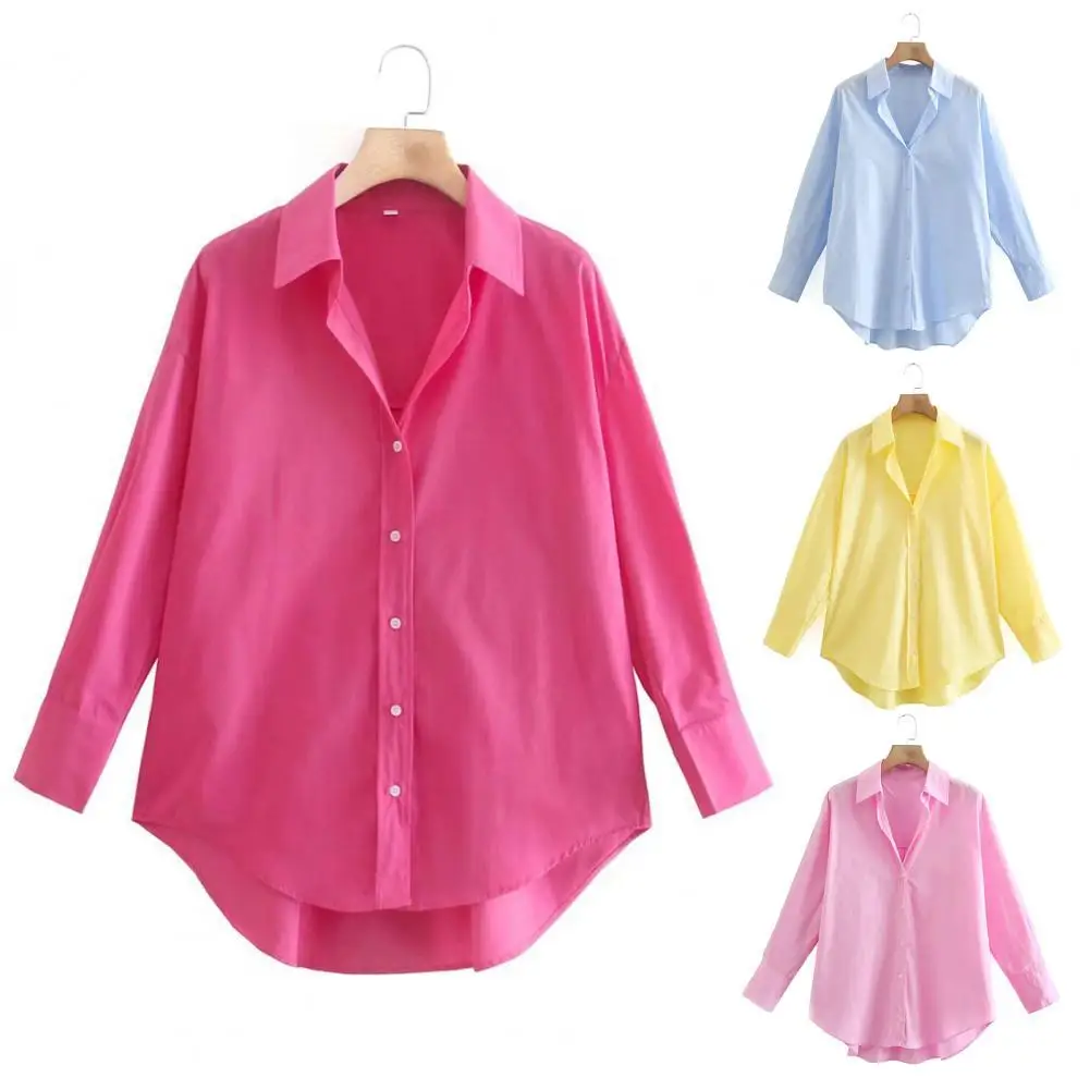 Camisas de manga larga para mujer, camisas de oficina de Color caramelo, camisas casuales de botonadura única, blusa suelta para mujer