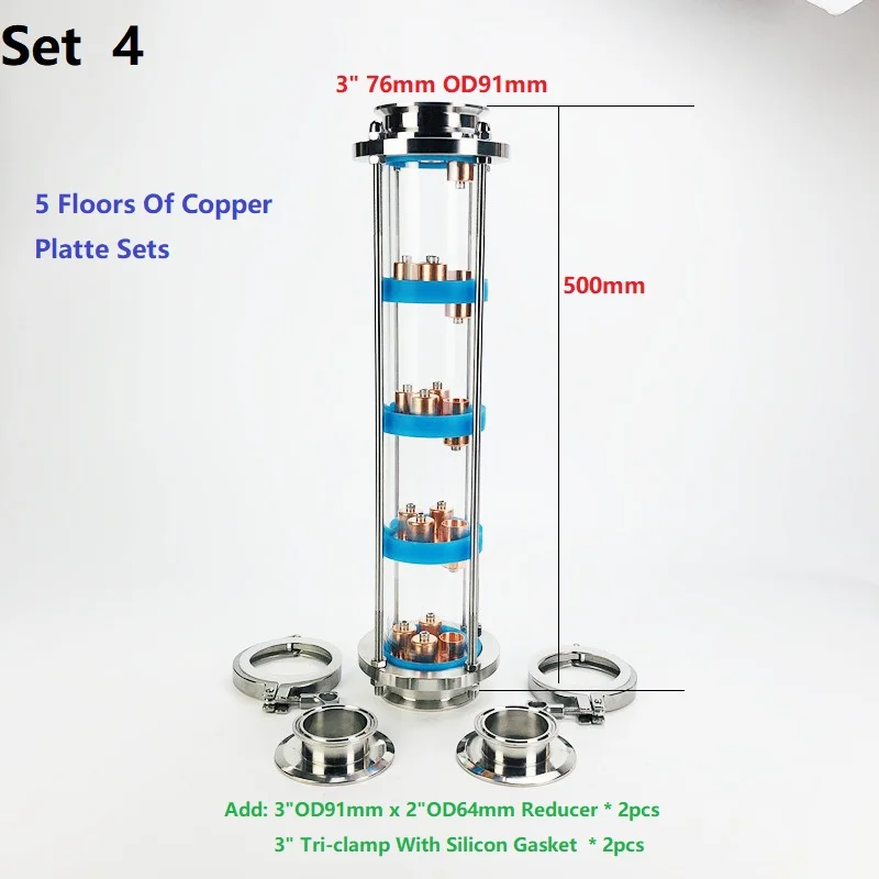 Imagem -04 - Coluna de Lente de Destilação com Conjuntos de Prato de Cobre Tri-braçadeira Circular Aço Inoxidável 304 Andares Polegadas