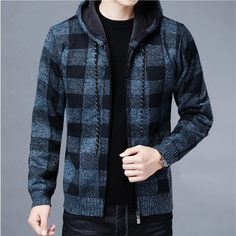 New Autumn Winter Men\'s Sweater Coat Thick Warm Hooded Plaid Wool Sweater Cardigan Jumpers Zipper Fleece Sweater Coat for Men