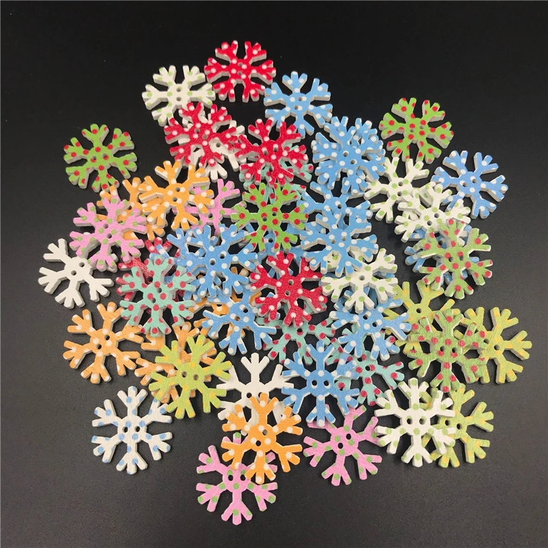 2021 New Christmas Decoration Supplies Painted Snowflake Wooden Buttons 50pcs/lot Scrapbooking Buttons Wooden Buttons for Crafts