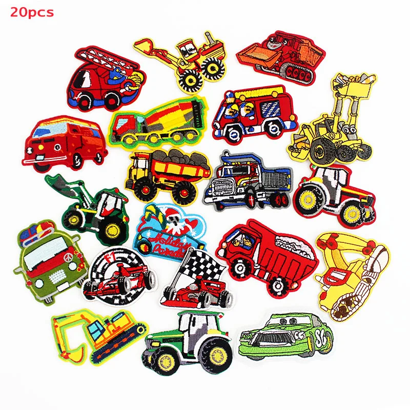 Little Cars Excavators Trucks Patches Iron on Cartoon Badges Embroidered Stickers for Cloth DIY Kids Sewing Appliques a Lot