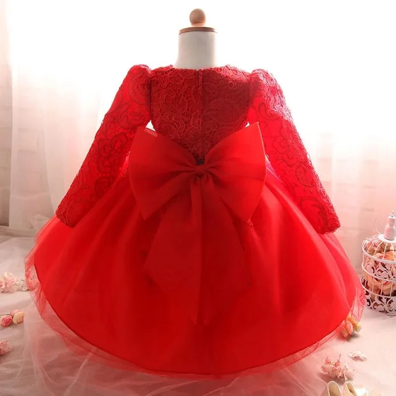 Baby Girl Princess Lace Dress Bow Long Sleeve Child Vintage Vestido Floral Lace Party Pageant Birthday Xmas Baby Clothes 1-14Y